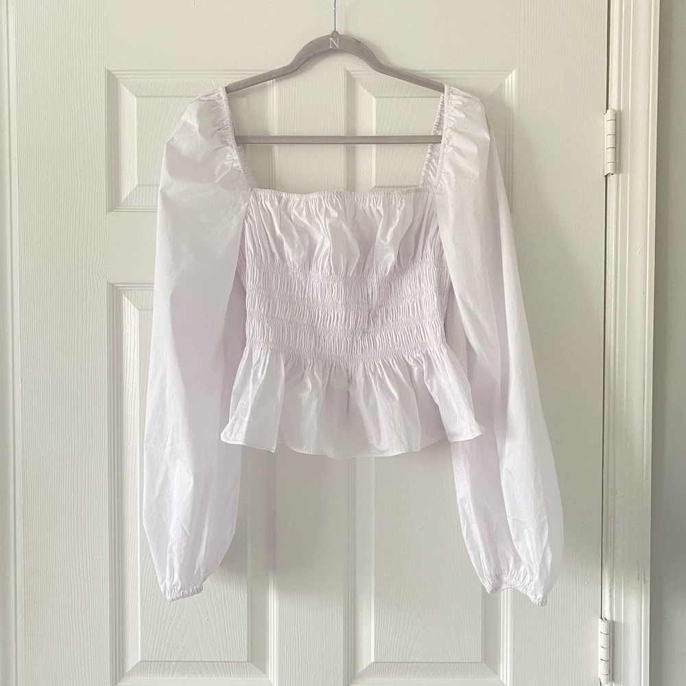 Staud Jules White Smocked Peplum Blouse Sz XL - Picture 2 of 8